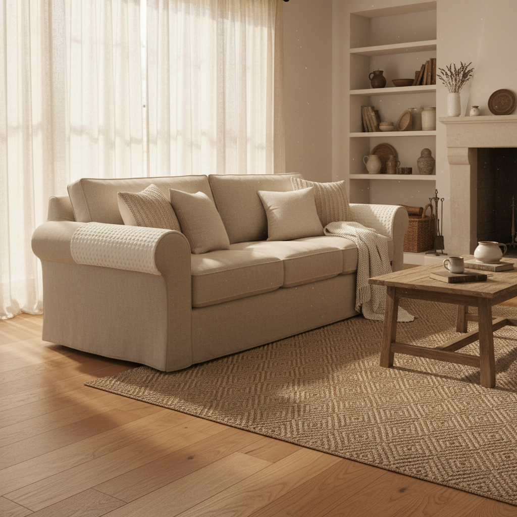 Stretch Sofa Armrest Covers in Living Room Style: Built for Furniture Protection, Marketed to Home Decorators
