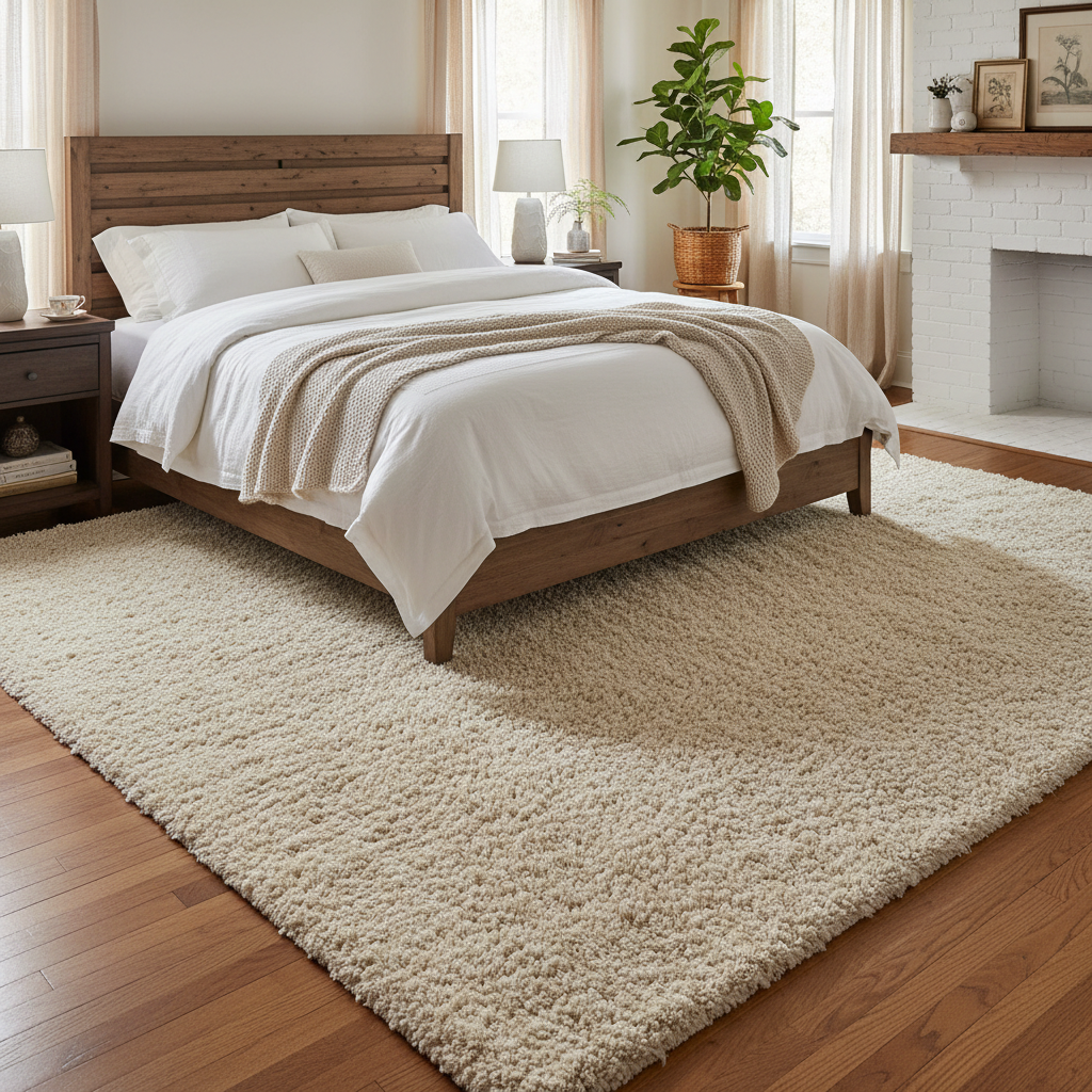 Fixing a Cold, Flat Bedroom Floor with a Large Ivory Fluffy Shag Rug: Repair the Missing Warmth, Skip the Renovation
