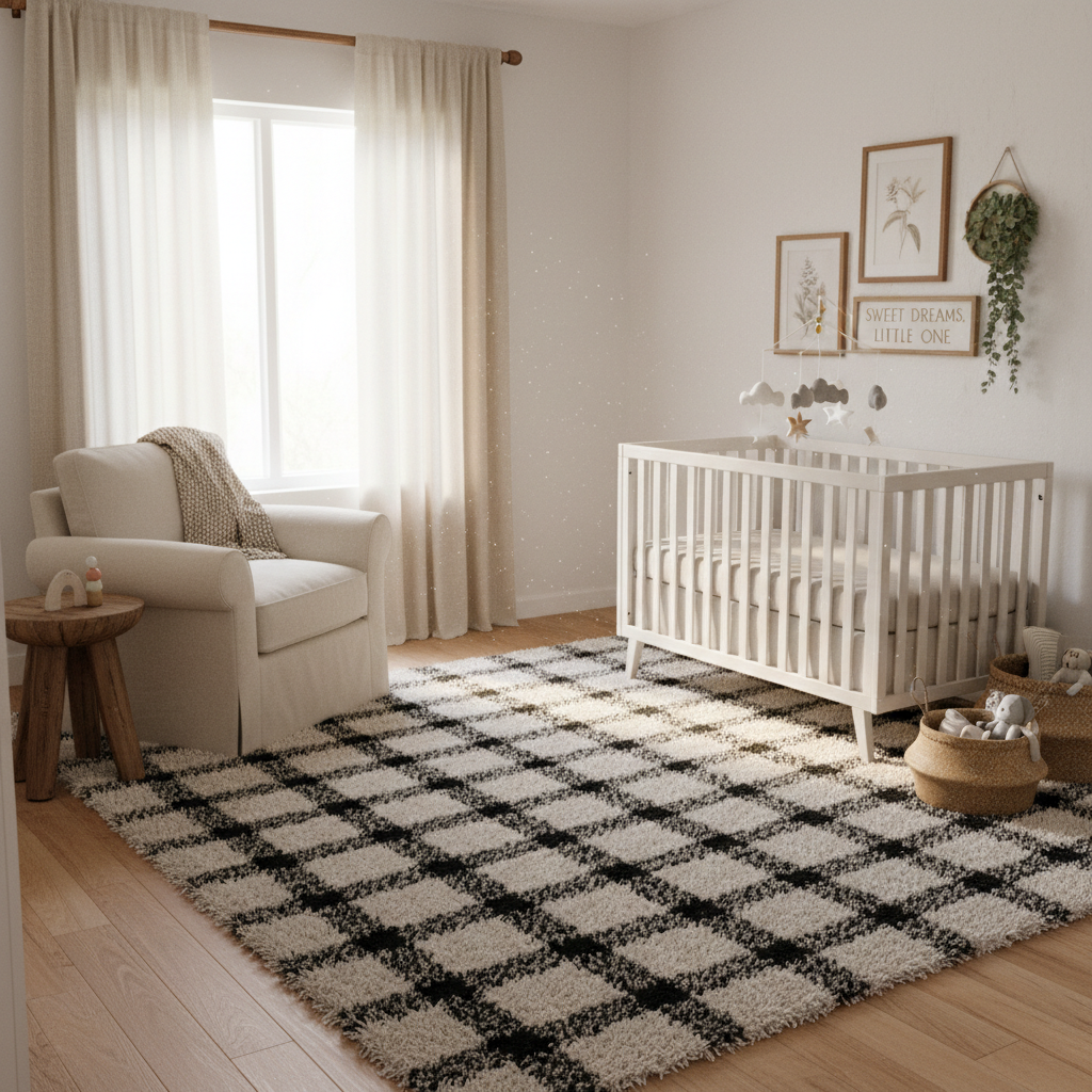 Fluffy Checkered Area Rug on Paper, Cozy Comfort in Practice: Reading Kids Nursery Dorm Specs