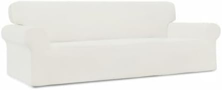 Easy-Going Stretch 4 Seater Sofa Slipcover 1-Piece Sofa Cover Furniture Protector Couch Soft with Elastic Bottom for Kids, Polyester Spandex Jacquard Fabric Small Checks Cream