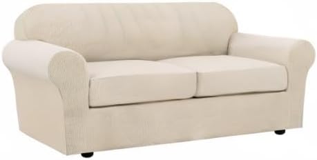 H.VERSAILTEX 3 Piece Stretch Sofa Covers for 2 Cushion Sofa Couch Covers for Living Room Sofa Slipcovers (Base Cover Plus 2 Seat Cushion Covers) Thicker Jacquard Fabric(Large Sofa, Natural)