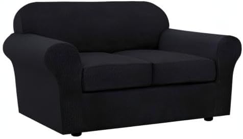 H.VERSAILTEX 3 Piece Stretch Sofa Covers for 2 Cushion Loveseat Couch Covers for Living Room Furniture Cover (Base Cover Plus 2 Seat Cushion Covers) Thicker Jacquard Fabric(Medium Sofa, Black)