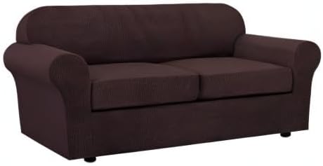 H.VERSAILTEX 3 Piece Stretch Sofa Covers for 2 Cushion Sofa Couch Covers for Living Room Sofa Slipcovers (Base Cover Plus 2 Seat Cushion Covers) Thicker Jacquard Fabric(Large Sofa, Chocolate)