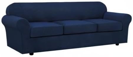 4 Piece Stretch Sofa Covers for 3 Cushion Couch Covers Furniture Slipcovers for Living Room (1 Base Cover Plus 3 Seat Cushion Covers) Thicker Jacquard Fabric Cover (XL Sofa, Navy)