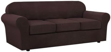 H.VERSAILTEX 4 Piece Stretch Sofa Covers for 3 Cushion Couch Covers for Living Room Furniture Slipcovers (Base Cover Plus 3 Seat Cushion Covers) Upgraded Thicker Jacquard Fabric (Sofa, Chocolate)