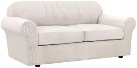 H.VERSAILTEX 3 Piece Stretch Sofa Covers for 2 Cushion Sofa Couch Covers for Living Room Sofa Slipcovers (Base Cover Plus 2 Seat Cushion Covers) Thicker Jacquard Fabric(Large Sofa, Ivory)