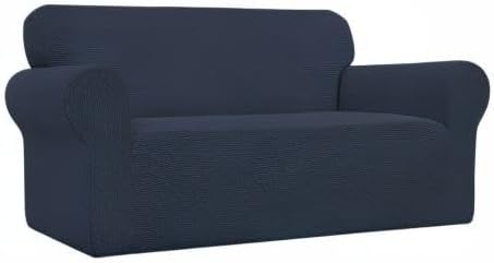Easy-Going Stretch Loveseat Slipcover 1-Piece Sofa Cover Furniture Protector Couch Soft with Elastic Bottom for Kids Polyester Spandex Jacquard Fabric Small Checks (Loveseat, Dark Blue)