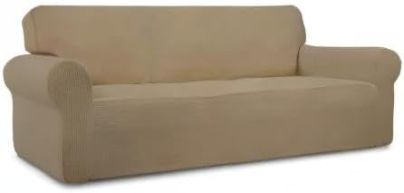 Easy-Going Stretch Sofa Slipcover 1-Piece Sofa Cover Furniture Protector Couch Soft with Elastic Bottom for Kids, Polyester Spandex Jacquard Fabric Small Checks (Sofa, Tan)