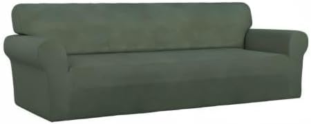 PureFit Super Stretch 4 Seater Sofa Slipcover – Spandex Non Slip Soft Couch Sofa Cover, Washable Furniture Protector with Non Skid Foam and Elastic Bottom for Kids, Pets （XX Large, Grayish Green）