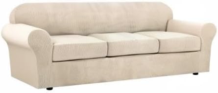 4 Piece Stretch Sofa Covers for 3 Cushion Couch Covers Furniture Slipcovers for Living Room (1 Base Cover Plus 3 Seat Cushion Covers) Thicker Jacquard Fabric Cover (XL Sofa, Natural)