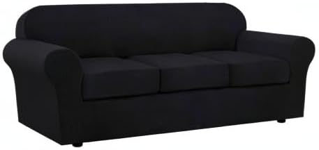 H.VERSAILTEX 4 Piece Stretch Sofa Covers for 3 Cushion Couch Covers for Living Room Furniture Slipcovers (Base Cover Plus 3 Seat Cushion Covers) Upgraded Thicker Jacquard Fabric (Large, Black)