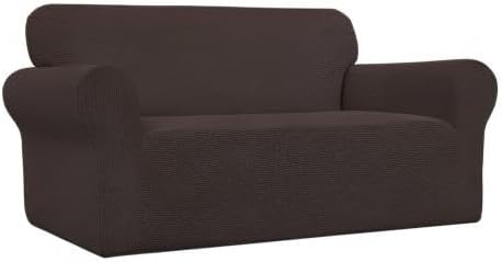 Easy-Going Stretch Loveseat Slipcover 1-Piece Sofa Cover Furniture Protector Couch Soft with Elastic Bottom for Kids Polyester Spandex Jacquard Fabric Small Checks (Loveseat, Chocolate)