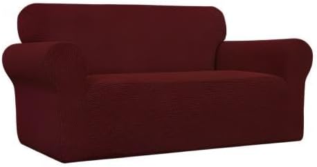 Easy-Going Stretch Loveseat Slipcover 1-Piece Sofa Cover Furniture Protector Couch Soft with Elastic Bottom for Kids Polyester Spandex Jacquard Fabric Small Checks (Loveseat, Wine)