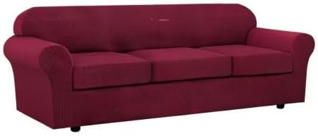 H.VERSAILTEX 4 Piece Stretch Sofa Covers for 3 Cushion Couch Covers for Living Room Furniture Slipcovers (Base Cover Plus 3 Seat Cushion Covers) Upgraded Thicker Jacquard Fabric (XL Sofa, Burgundy)