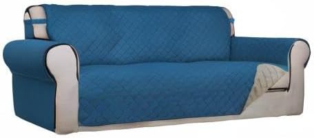PureFit Reversible Quilted Sofa Cover, Water Resistant Slipcover Furniture Protector, Washable Couch Cover with Non Slip and Elastic Straps for Kids, Pets (Sofa, Peacock Blue/Beige)
