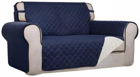PureFit Reversible Quilted Sofa Cover, Water Resistant Medium Slipcover Furniture Protector, Washable Couch Cover with Non Slip Foam and Elastic Straps for Kids, Dogs, Pets (Loveseat, Navy/Ivory)