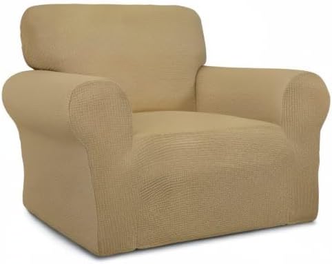 Easy-Going Stretch Chair Sofa Slipcover 1-Piece Couch Sofa Cover Furniture Protector Soft with Elastic Bottom for Kids, Pet. Spandex Jacquard Fabric Small Checks (Chair, Golden)
