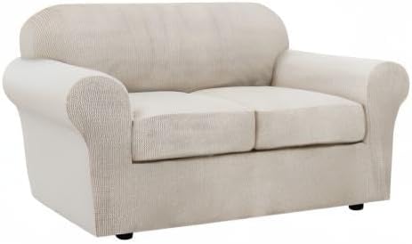 H.VERSAILTEX 3 Piece Stretch Sofa Covers for 2 Cushion Loveseat Couch Covers for Living Room Furniture Cover (Base Cover Plus 2 Seat Cushion Covers) Thicker Jacquard Fabric(Medium, Island Fossi)