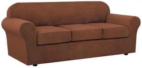 H.VERSAILTEX 4 Piece Stretch Sofa Covers for 3 Cushion Couch Covers for Living Room Furniture Slipcovers (Base Cover Plus 3 Seat Cushion Covers) Upgraded Thicker Jacquard Fabric (Sofa, Caramel)