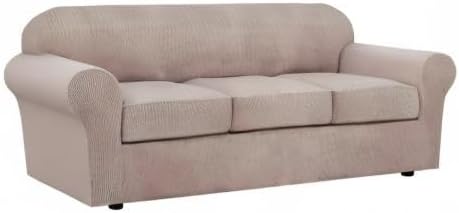 H.VERSAILTEX 4 Piece Stretch Sofa Covers for 3 Cushion Couch Covers for Living Room Slipcovers (Base Cover Plus 3 Seat Cushion Covers) Upgraded Thicker Jacquard Fabric (Sofa, Sand)