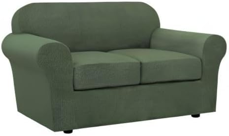H.VERSAILTEX 3 Piece Stretch Sofa Covers for 2 Cushion Loveseat Couch Covers for Living Room Furniture Cover (Base Cover Plus 2 Seat Cushion Covers) Thicker Jacquard Fabric(Medium, Bronze Green)