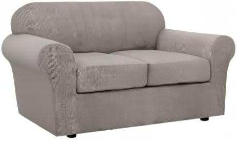 H.VERSAILTEX 3 Piece Stretch Sofa Covers for 2 Cushion Loveseat Couch - Thicker Jacquard Fabric (Medium Sofa, Taupe)