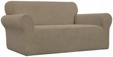 Easy-Going Stretch Loveseat Slipcover 1-Piece Sofa Cover Furniture Protector Couch Soft with Elastic Bottom for Kids Polyester Spandex Jacquard Fabric Small Checks (Loveseat, Tan)