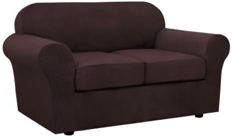 H.VERSAILTEX 3 Piece Stretch Sofa Covers for 2 Cushion Loveseat Couch Covers for Living Room Sofa Slipcovers (Base Cover Plus 2 Seat Cushion Covers) Thicker Jacquard Fabric(Medium Sofa, Chocolate)