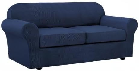 H.VERSAILTEX 3 Piece Stretch Sofa Covers for 2 Cushion Sofa Couch Covers for Living Room Sofa Slipcovers (Base Cover Plus 2 Seat Cushion Covers) Thicker Jacquard Fabric(Large Sofa, Navy)