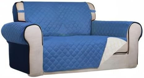 PureFit Reversible Quilted Sofa Cover, Water Resistant Medium Slipcover Furniture Protector, Washable Couch Cover with Non Slip Foam and Elastic Straps for Kids, Dogs, Pets (Loveseat, Blue/Ivory)