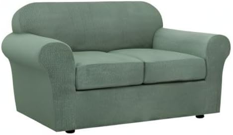 H.VERSAILTEX 3 Piece Stretch Sofa Covers for 2 Cushion Loveseat Couch Covers for Living Room Sofa Slipcovers (Base Cover Plus 2 Seat Cushion Covers) Thicker Jacquard Fabric(Medium, Loden Frost)