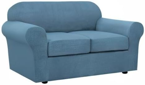 H.VERSAILTEX 3 Piece Stretch Sofa Covers for 2 Cushion Loveseat Couch Covers for Living Room Sofa Slipcovers (Base Cover Plus 2 Seat Cushion Covers) Thicker Jacquard Fabric(Medium Sofa, Dusty Blue)
