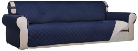 PureFit Reversible Quilted Sofa Cover, Water Resistant Slipcover Furniture Protector, Washable Couch Cover with Non Slip and Elastic Straps for Kids, Dogs, Pets (XX Large, Navy/Ivory)