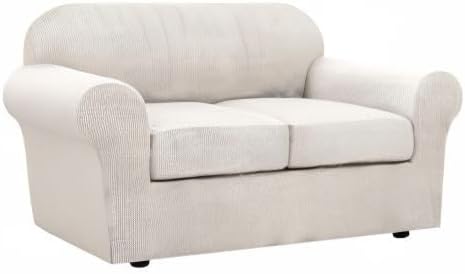 H.VERSAILTEX 3 Piece Stretch Sofa Covers for 2 Cushion Loveseat Couch Covers for Living Room Sofa Slipcovers (Base Cover Plus 2 Seat Cushion Covers) Thicker Jacquard Fabric(Medium Sofa, Ivory)