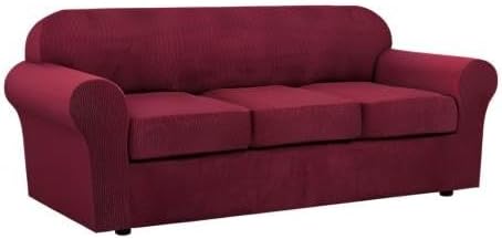 H.VERSAILTEX 4 Piece Stretch Sofa Covers for 3 Cushion Couch Covers for Living Room Furniture Slipcovers (Base Cover Plus 3 Seat Cushion Covers) Upgraded Thicker Jacquard Fabric (Sofa, Burgundy)