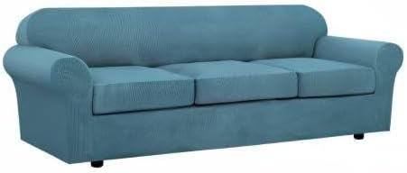 4 Piece Stretch Sofa Covers for 3 Cushion Couch Covers for Living Room Furniture Slipcovers (Base Cover Plus 3 Seat Cushion Covers) Upgraded Thicker Jacquard Fabric (XL Sofa, Storm Blue)