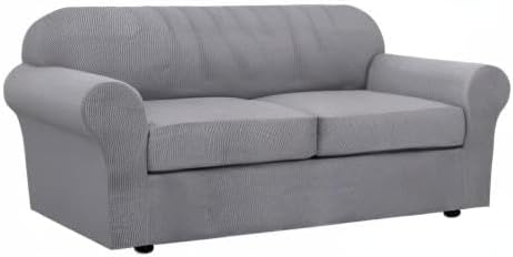 H.VERSAILTEX 3 Piece Stretch Sofa Covers for 2 Cushion Sofa Couch Covers for Living Room Furniture Cover (Base Cover Plus 2 Seat Cushion Covers) Thicker Jacquard Fabric(Large Sofa, Dove)