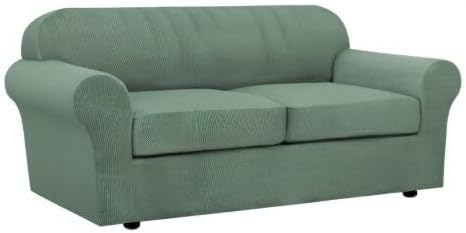 H.VERSAILTEX 3 Piece Stretch Sofa Covers for 2 Cushion Sofa Couch Covers for Living Room Sofa Slipcovers (Base Cover Plus 2 Seat Cushion Covers) Thicker Jacquard Fabric(Large Sofa, Loden Frost)