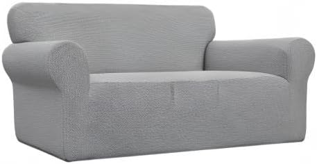 Easy-Going Stretch Loveseat Slipcover 1-Piece Sofa Cover Furniture Protector Couch Soft with Elastic Bottom for Kids Polyester Spandex Jacquard Fabric Small Checks (Loveseat, Light Gray)