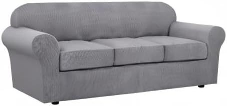 H.VERSAILTEX 4 Piece Stretch Sofa Covers for 3 Cushion Couch Covers for Living Room Furniture Slipcovers (Base Cover Plus 3 Seat Cushion Covers) Upgraded Thicker Jacquard Fabric (Sofa, Dove)