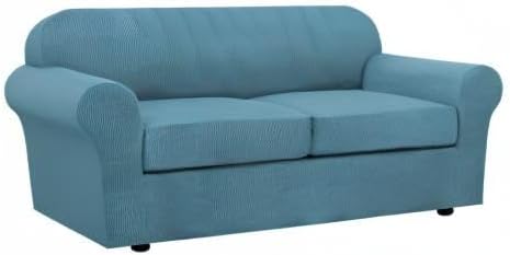 H.VERSAILTEX 3 Piece Stretch Sofa Covers for 2 Cushion Sofa Couch Covers for Living Room Furniture Cover (Base Cover Plus 2 Seat Cushion Covers) Thicker Jacquard Fabric(Large Sofa, Storm Blue)