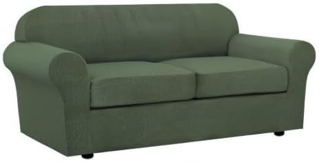 H.VERSAILTEX 3 Piece Stretch Sofa Covers for 2 Cushion Sofa Couch Covers for Living Room Furniture Cover (Base Cover Plus 2 Seat Cushion Covers) Thicker Jacquard Fabric(Large Sofa, Bronze Green)