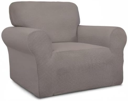 Easy-Going Stretch Chair Sofa Slipcover 1-Piece Couch Sofa Cover Furniture Protector Soft with Elastic Bottom for Kids, Pet. Spandex Jacquard Fabric Small Checks (Chair, Taupe)
