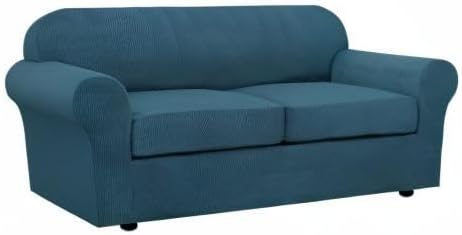 H.VERSAILTEX 3 Piece Stretch Sofa Covers for 2 Cushion Sofa Couch Covers for Living Room Sofa Slipcovers (Base Cover Plus 2 Seat Cushion Covers) Thicker Jacquard Fabric(Large Sofa, Deep Teal)