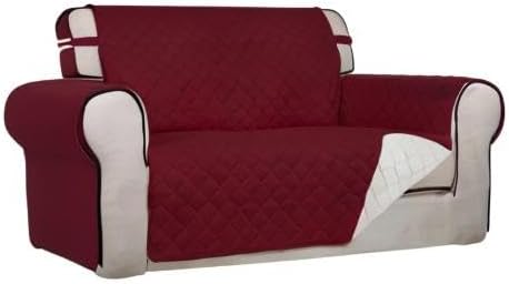 PureFit Reversible Quilted Sofa Cover, Water Resistant Slipcover Furniture Protector, Washable Couch Cover with Non Slip and Elastic Straps for Kids, Pets (Loveseat, Red/Ivory)