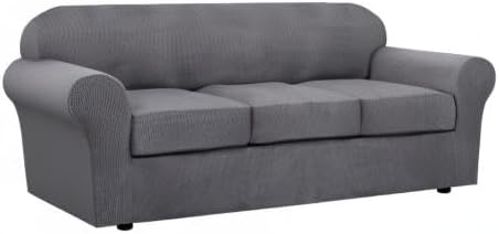 H.VERSAILTEX 4 Piece Stretch Sofa Covers for 3 Cushion Couch Covers for Living Room Furniture Slipcovers (Base Cover Plus 3 Seat Cushion Covers) Upgraded Thicker Jacquard Fabric (Sofa, Grey)