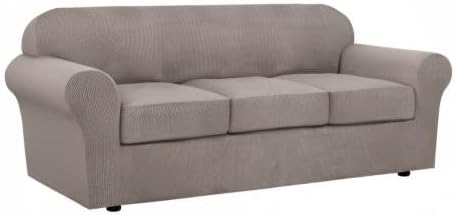 H.VERSAILTEX 4 Piece Stretch Sofa Covers for 3 Cushion Couch Covers for Living Room Furniture Slipcovers (Base Cover Plus 3 Seat Cushion Covers) Upgraded Thicker Jacquard Fabric (Sofa, Taupe)