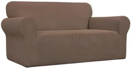 Easy-Going Stretch Loveseat Slipcover 1-Piece Sofa Cover Furniture Protector Couch Soft with Elastic Bottom for Kids Polyester Spandex Jacquard Fabric Small Checks (Loveseat, Brown)