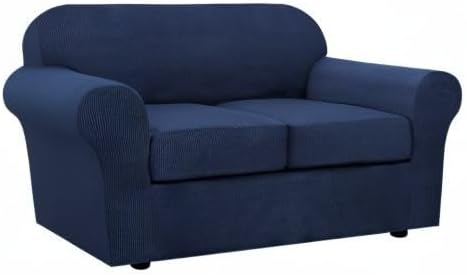H.VERSAILTEX 3 Piece Stretch Sofa Covers for 2 Cushion Loveseat Couch Covers for Living Room Sofa Slipcovers (Base Cover Plus 2 Seat Cushion Covers) Thicker Jacquard Fabric(Medium Sofa, Navy)