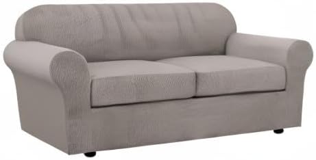 H.VERSAILTEX 3 Piece Stretch Sofa Covers for 2 Cushion Sofa Couch Covers for Living Room Sofa Slipcovers (Base Cover Plus 2 Seat Cushion Covers) Thicker Jacquard Fabric(Large Sofa, Taupe)